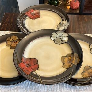 Pfaltzgraff Painted Poppies Black Plate, 4 pc excellent condition dinner plates